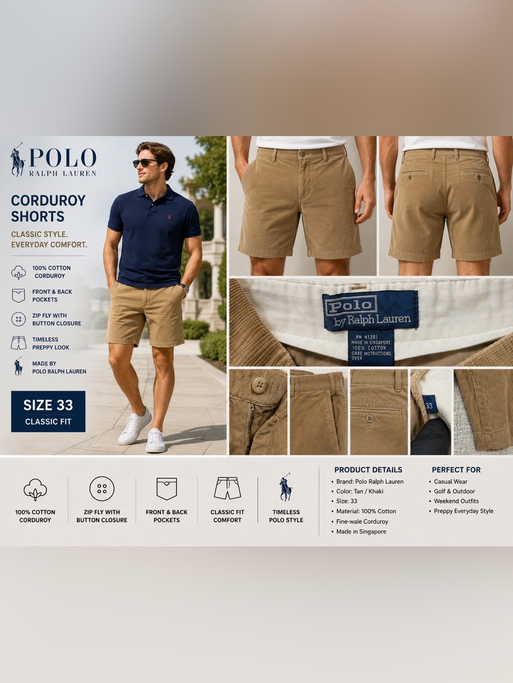 Polo Ralph Lauren Men’s Tan Corduroy Shorts Size 33 Classic Cotton Chino Preppy